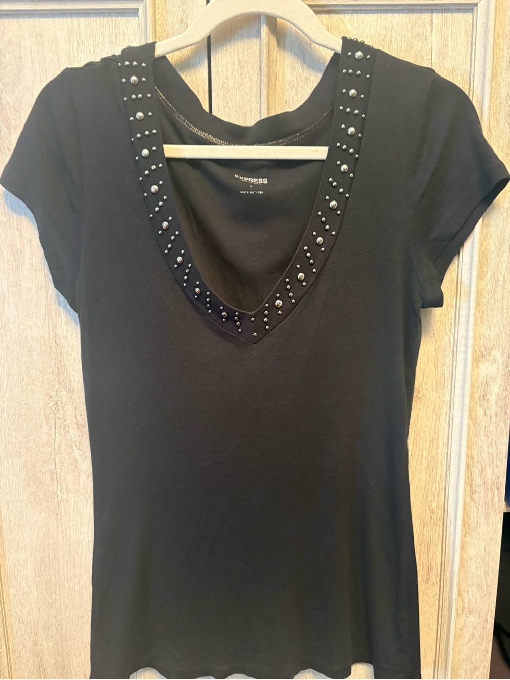 Express Black Studded V-Neck Short Sleeve Top